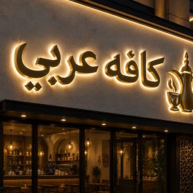 تابلو چلنیوم کافه عربی با حروف برجسته طلایی و نور مخفی در نمای مدرن کافه