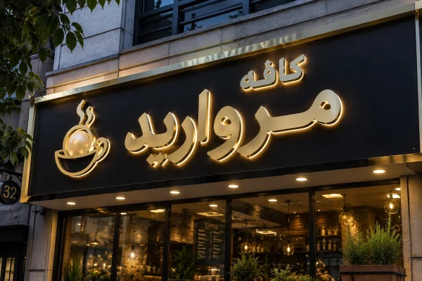 تابلو چلنیوم طلایی کافه مروارید با نور اندریک و حروف برجسته روی نمای کامپوزیت