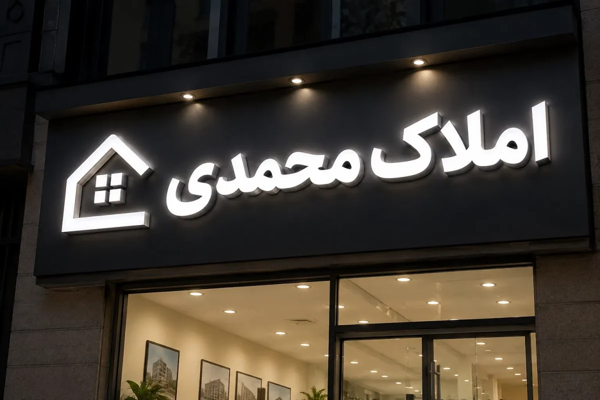 تابلو چلنیوم سفید املاک محمدی روی نمای دفتر مشاور املاک